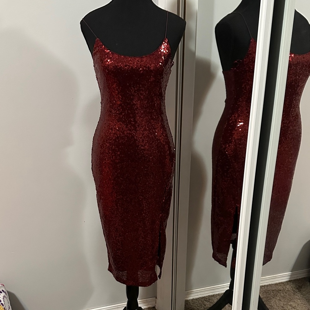 Red Sequin Slip Midi Dress - Elegant Evening Dress